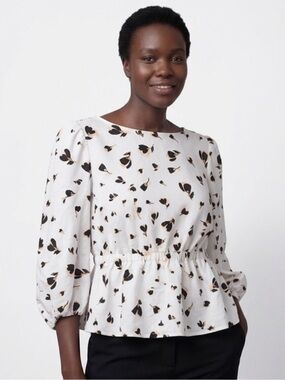 Ann Taylor White Peplum Blouse with Black and Tan Floral Print